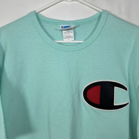 Champion T Shirt Mens Size XL Light Blue Big Patch Logo Short Sleeve EUC - Picture 2 of 11